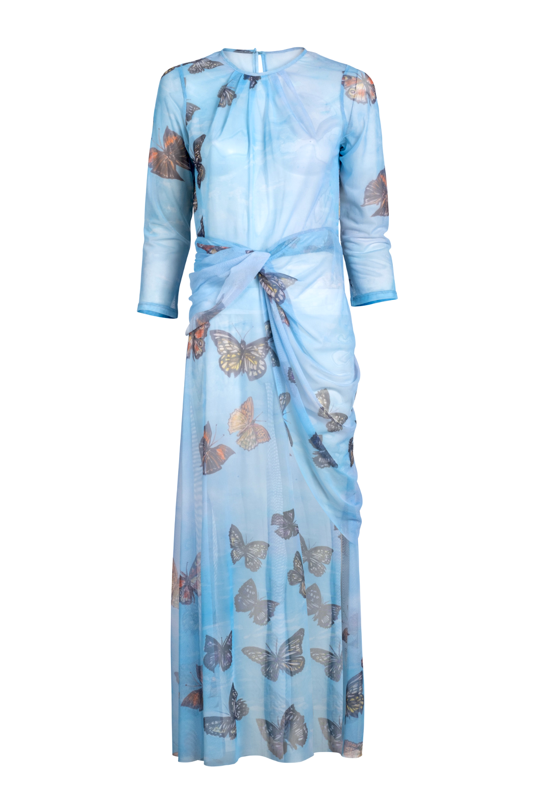 Woman wearing blue butterfly printed mesh topper over blue butterfly printed stretch knit tank top and pants by Ala von Auersperg for spring 2023