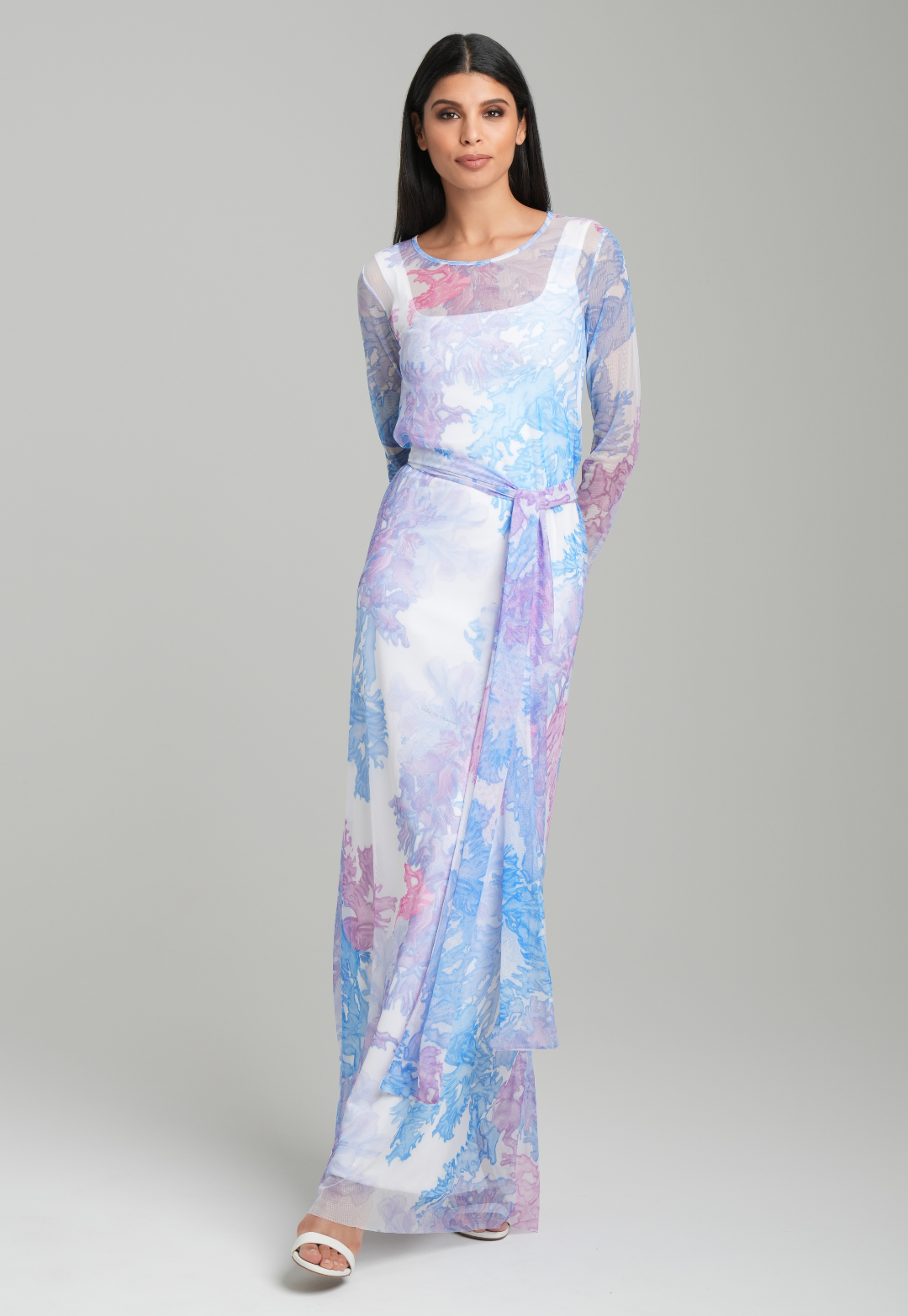 Woman wearing lavender mock coffee printed silk one shoulder long dress by Ala von Auersperg