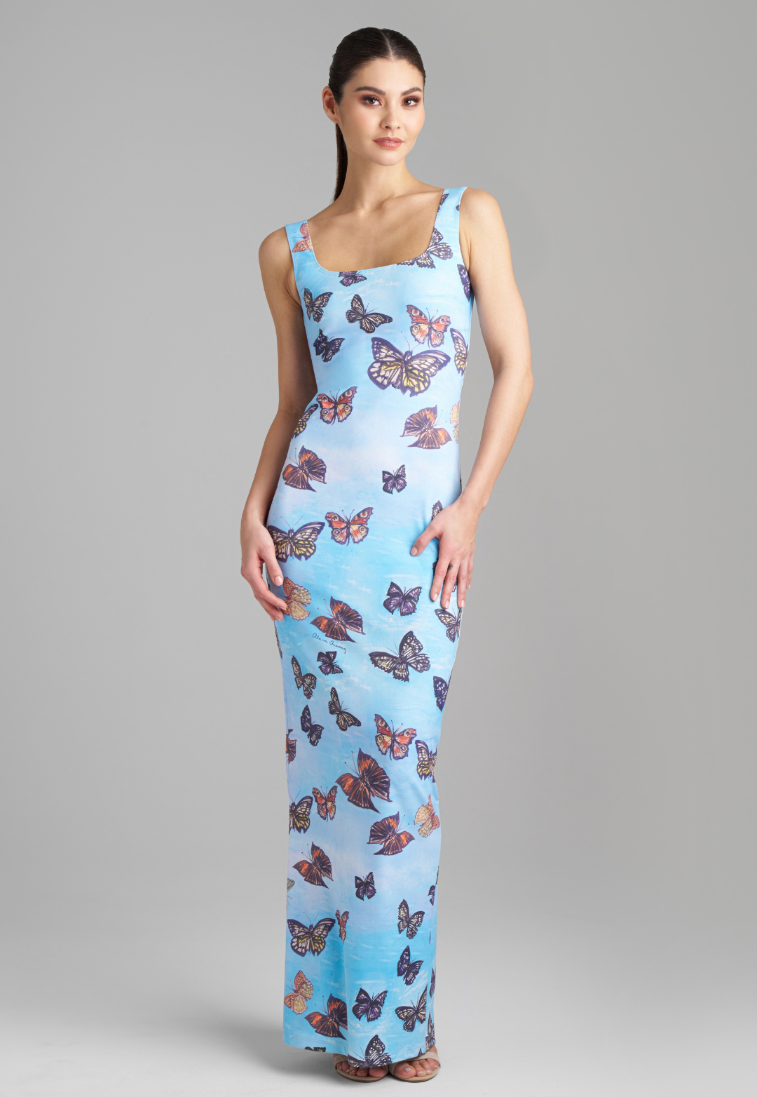 Woman wearing lavender mock coffee printed silk one shoulder long dress by Ala von Auersperg