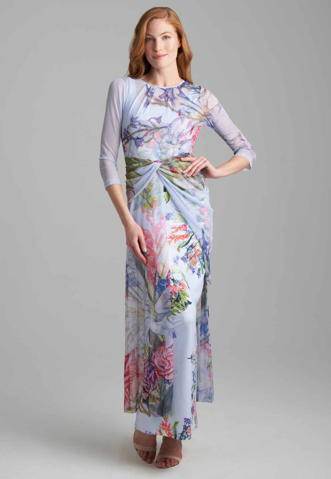 Woman wearing floral bouquet square neck stretch knit long dress with floral bouquet printed mesh topper by Ala von Auersperg for spring summer 2022