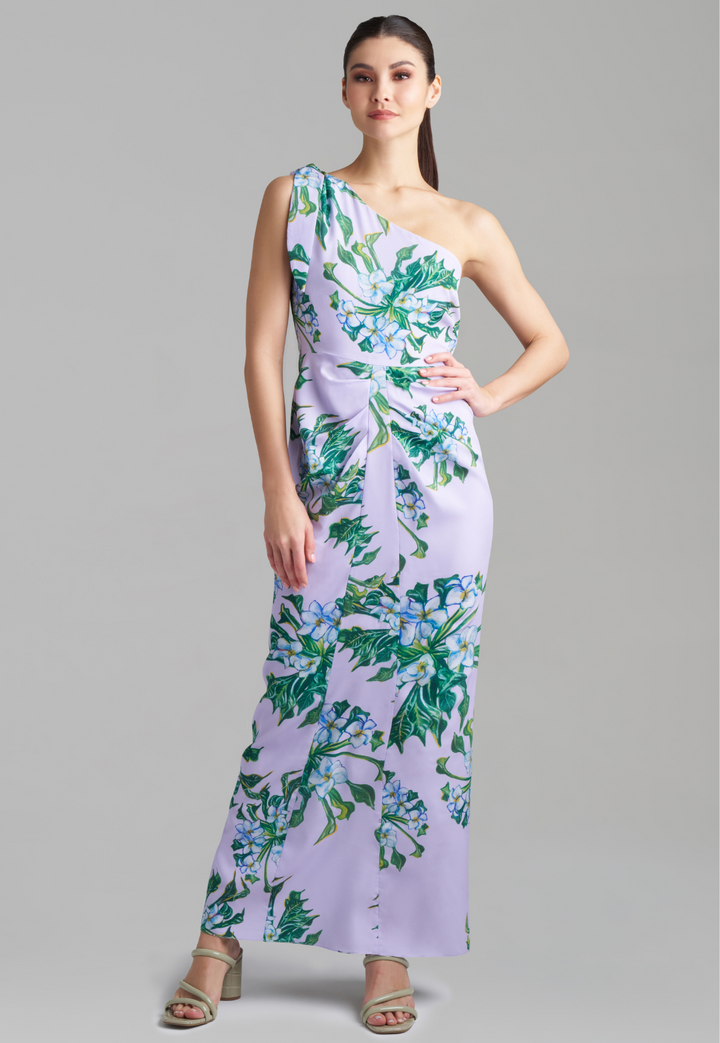 Woman wearing lavender mock coffee printed silk one shoulder long dress by Ala von Auersperg