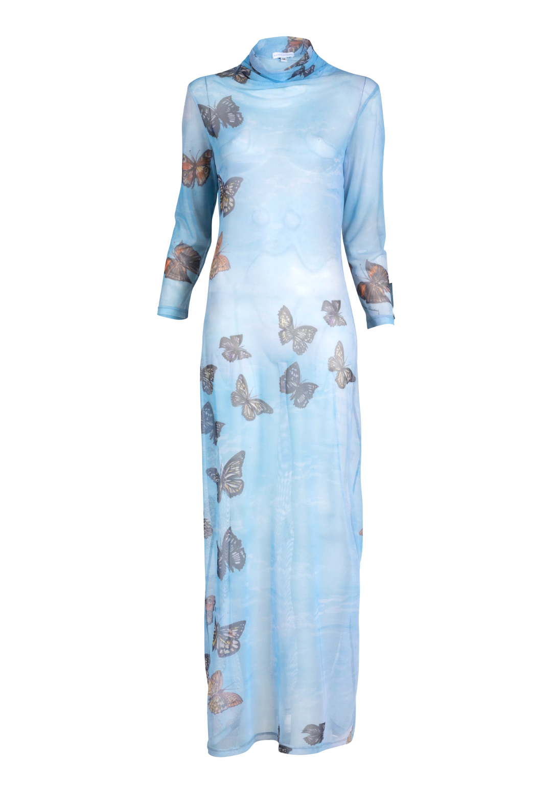 Woman wearing long mesh t shirt dress with turtleneck in blue butterfly printed over long stretch knit blue butterfly print dress by Ala von Auersperg for spring 2023
