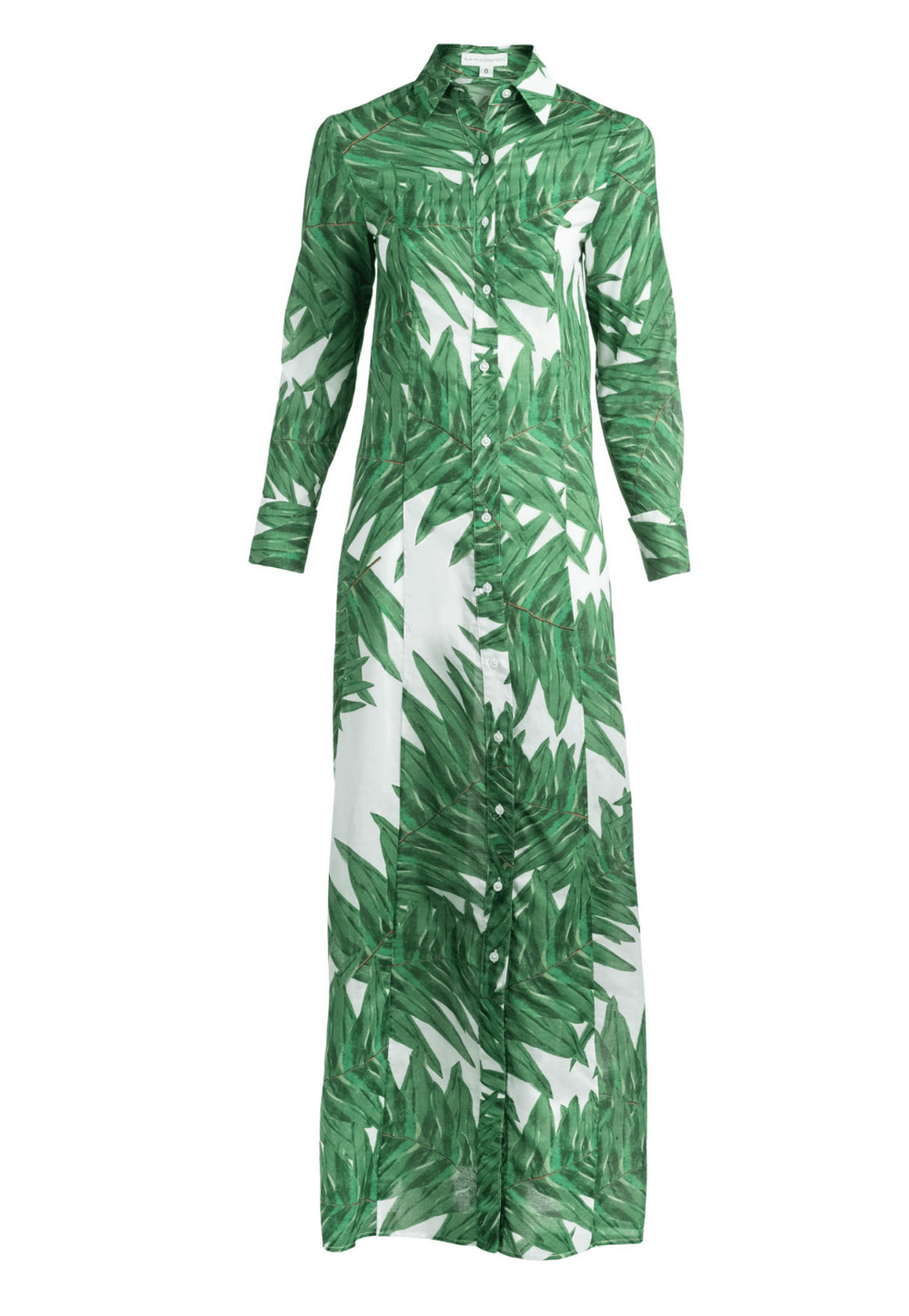 Woman wearing green palm printed long t shirt cotton dress with buttons down the front and collar detail by Ala von Auersperg