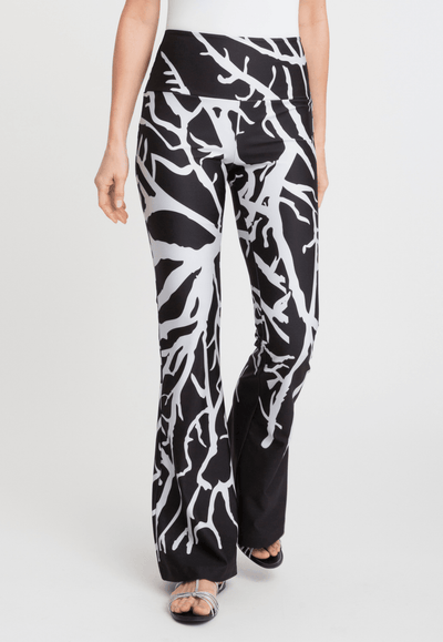 black and white coral printed stretch knit pants
