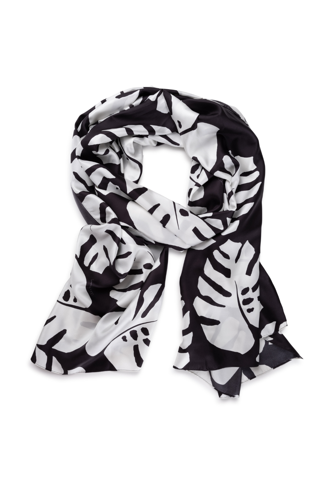 black and white palm printed silk twill wrap shawl scarf by Ala von Auersperg for holiday 2022