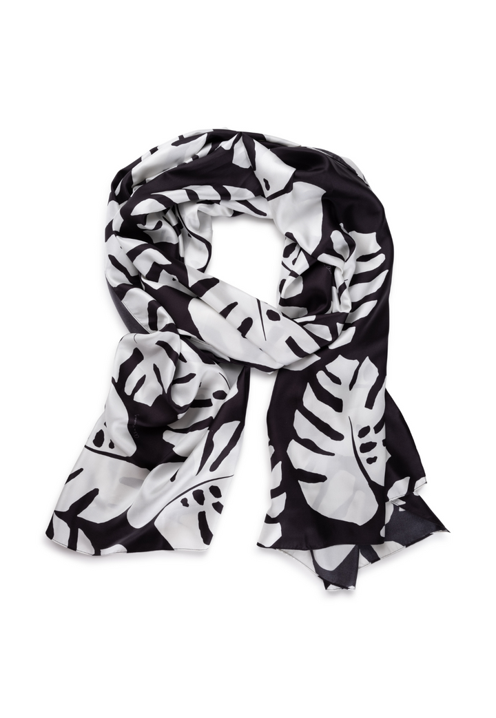 black and white palm printed silk twill wrap shawl scarf by Ala von Auersperg for holiday 2022