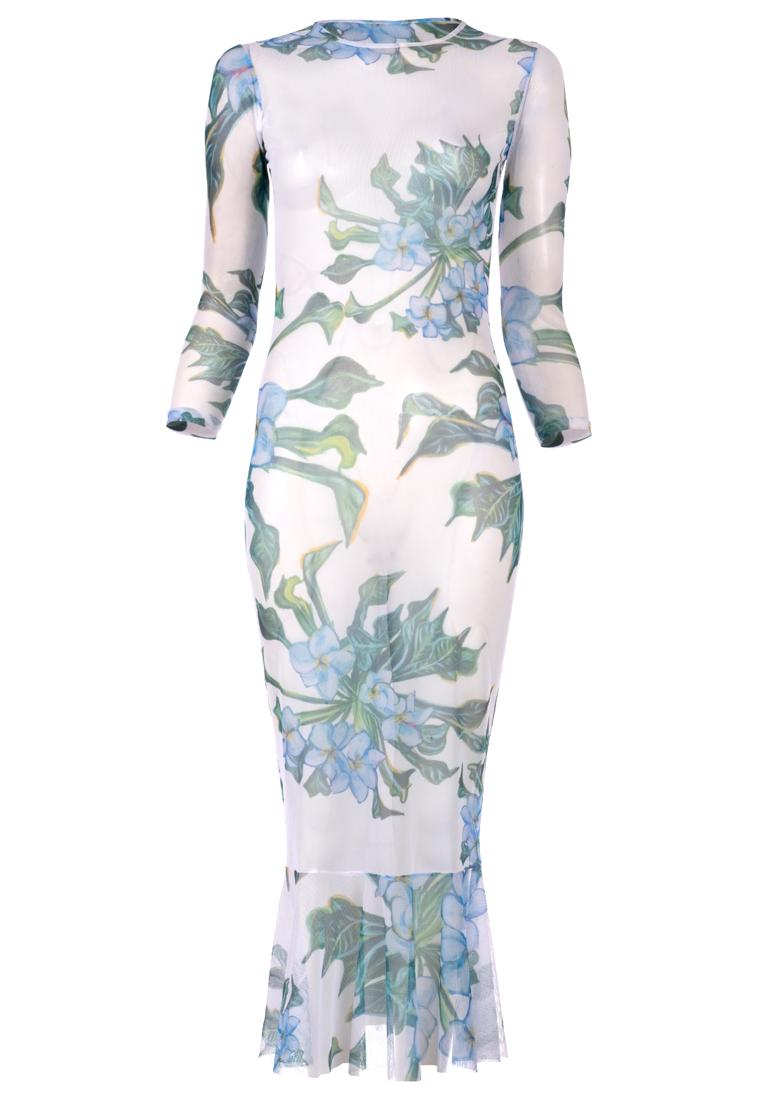 Women's green and white mesh sheer dress with ruffle bottom by Ala von Auersperg for resort 2023