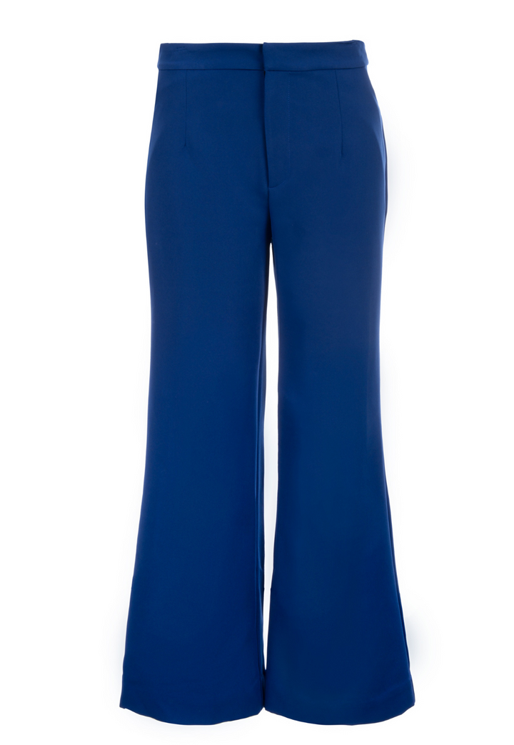 Blue stretch knit bardot pants by Ala von Auersperg for fall 2022