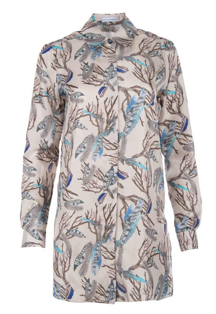 Feather printed silk blouse by Ala von Auersperg for fall 2022