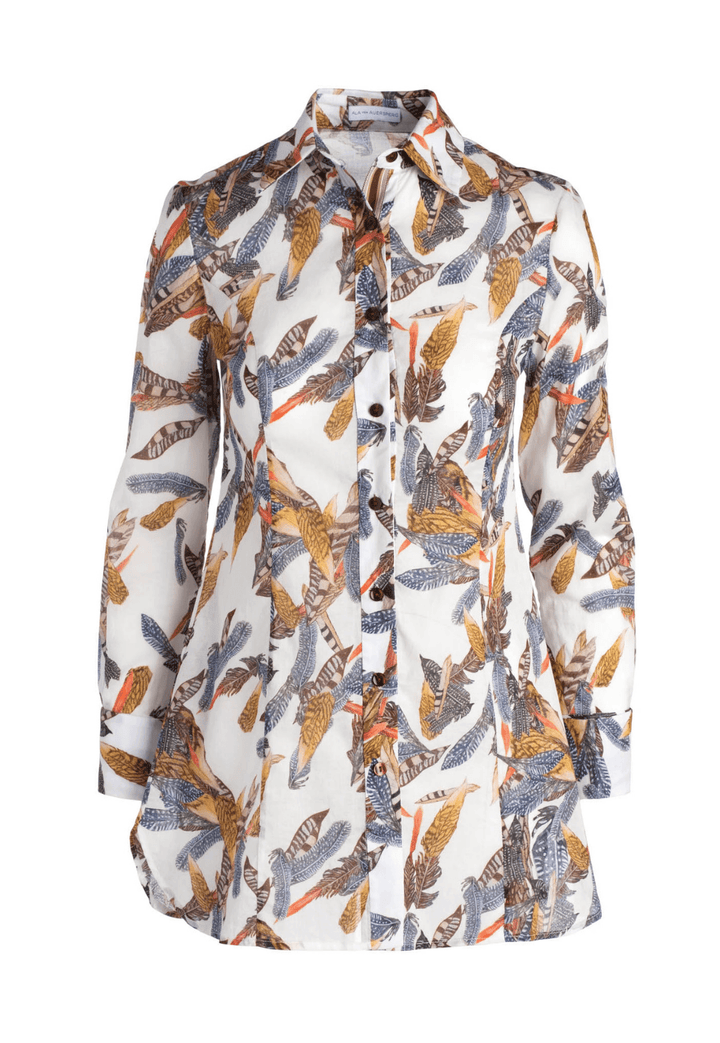 Annie White Fantasia cotton voile blouse featuring Ala's original feather artwork