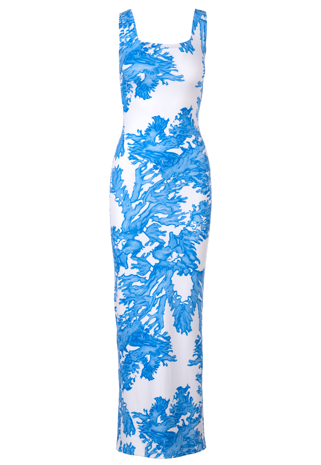 Caterina Blue Coral stretch knit maxi dress featuring original nautical coral artwork