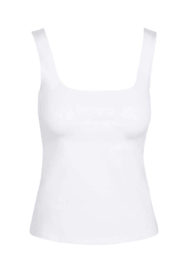 Caterina white Italian stretch cotton tank top with square scoop neckline on white background