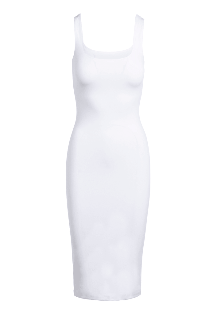 Women's white sleeveless stretch knit maxi dress by Ala von Auersperg