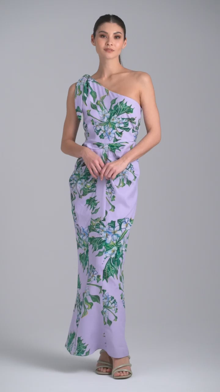 Woman wearing lavender mock coffee printed silk one shoulder long dress by Ala von Auersperg