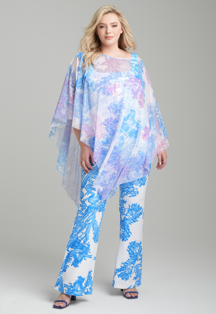 Women's Blue Coral printed flare pants with a comfortable pull-on waistband