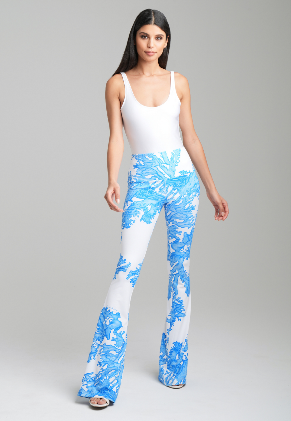 Women's Blue Coral printed flare pants with a comfortable pull-on waistband