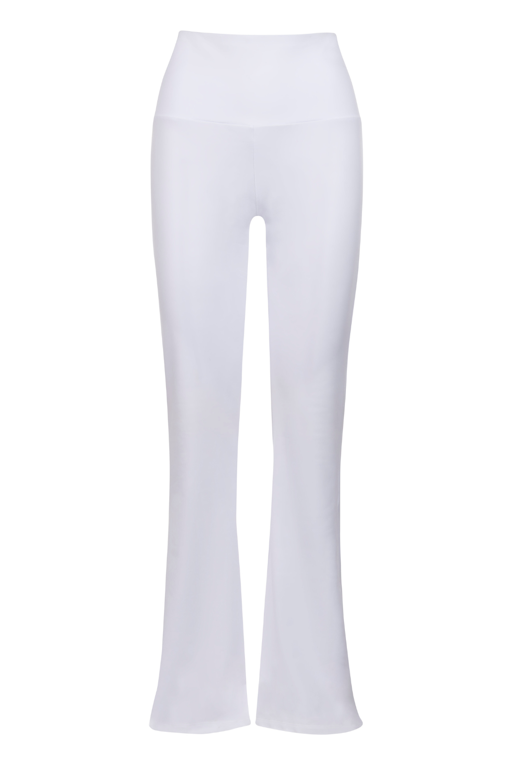 Elaine white stretch knit flare pants on white background