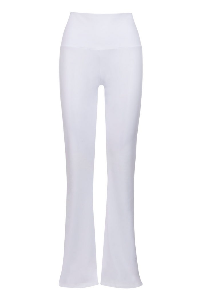 Elaine white stretch knit flare pants on white background