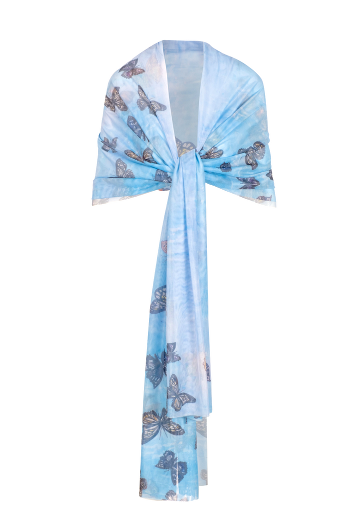 Gala lightweight sheer mesh wrap in blue Papillon butterfly print