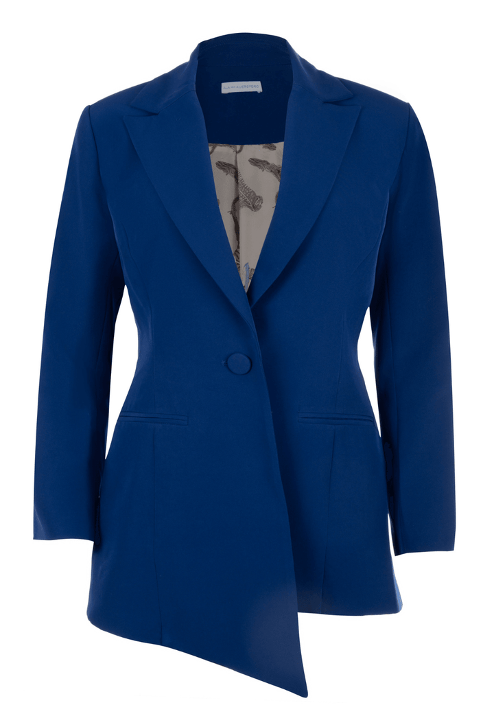 Blue silk lined bardot asymmetrical blazer