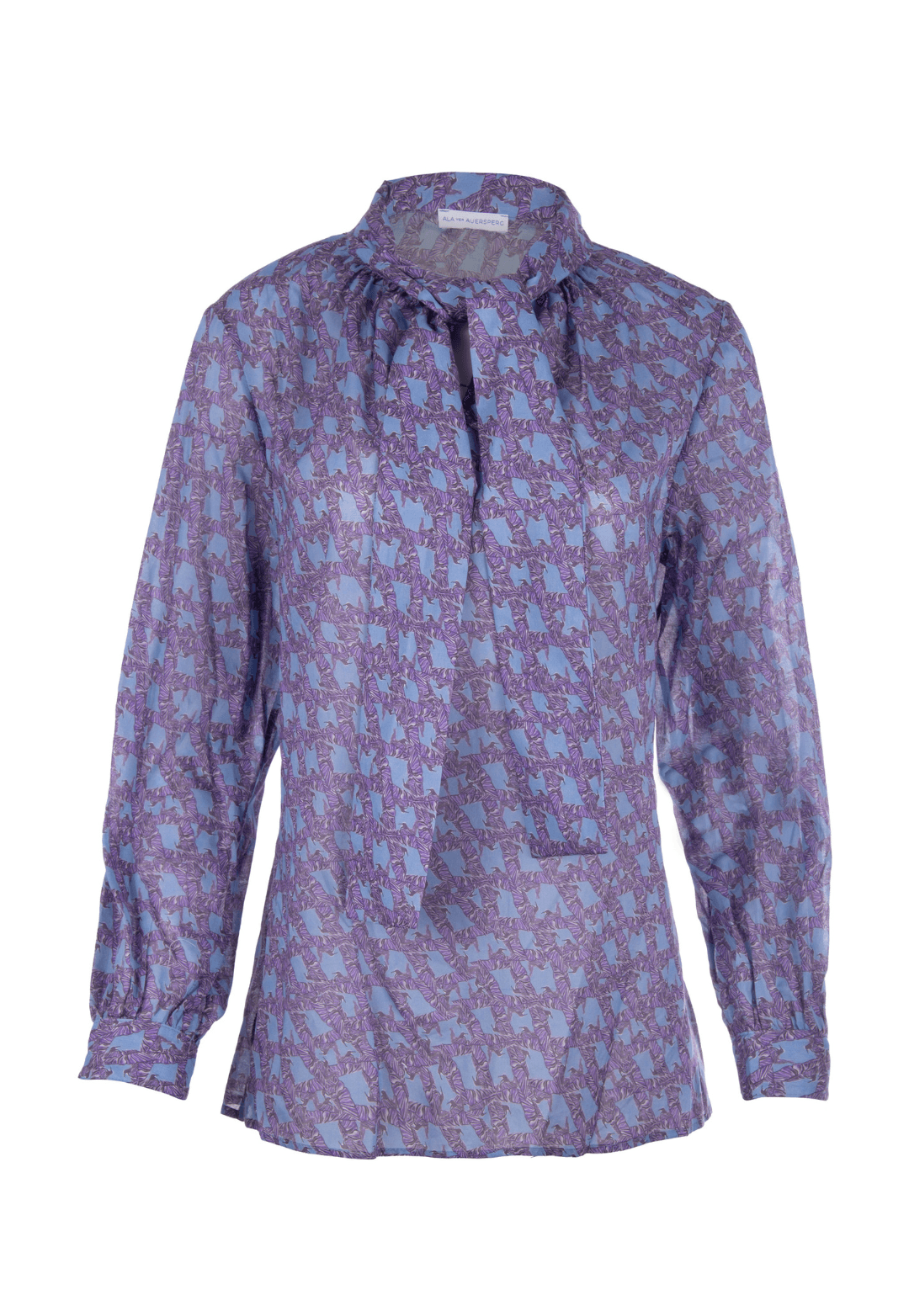 Purple and blue bird printed cotton bow tie blouse by Ala von Auersperg for fall 2022