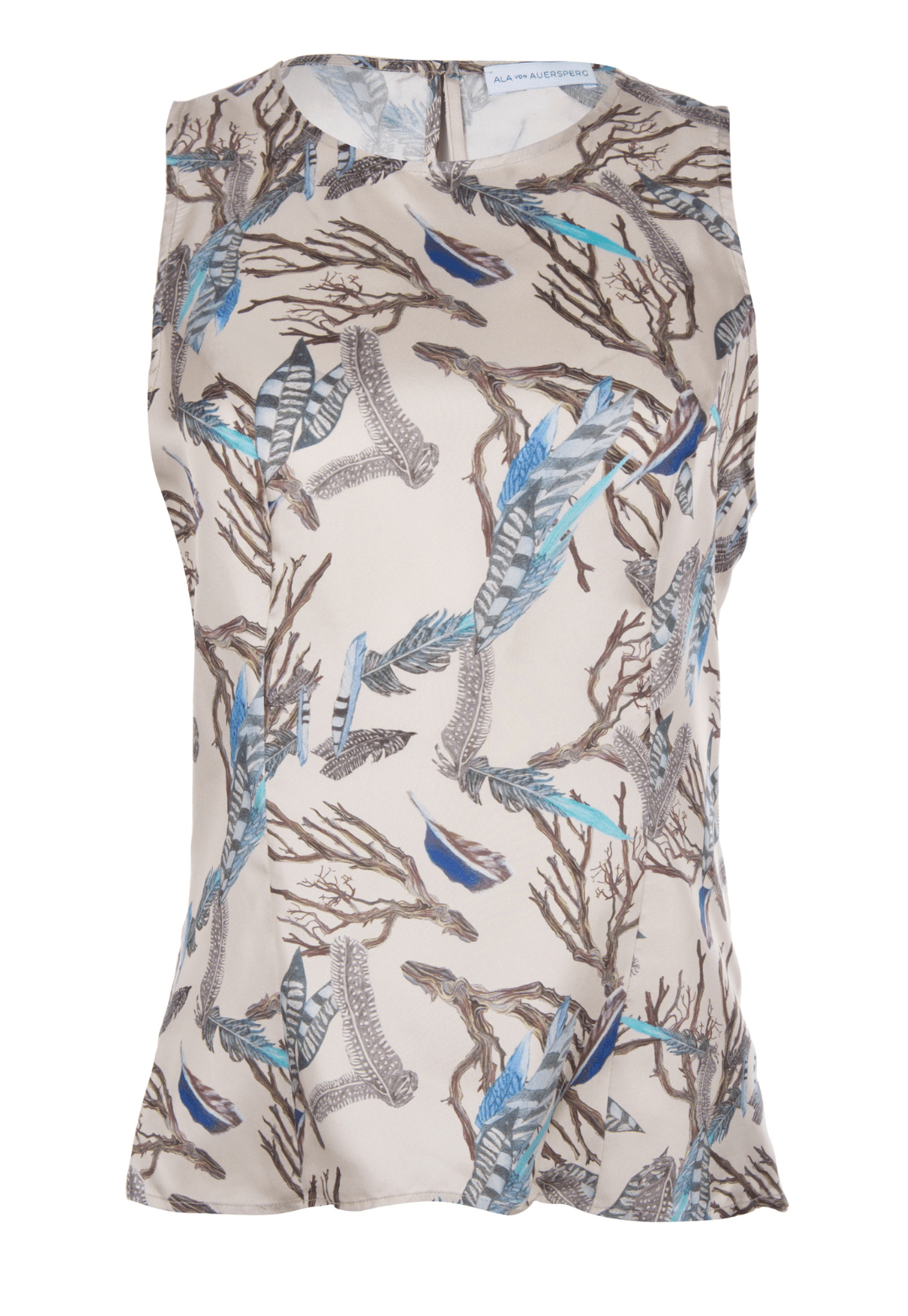 Feather printed silk shell tank top by Ala von Auersperg for fall 2022
