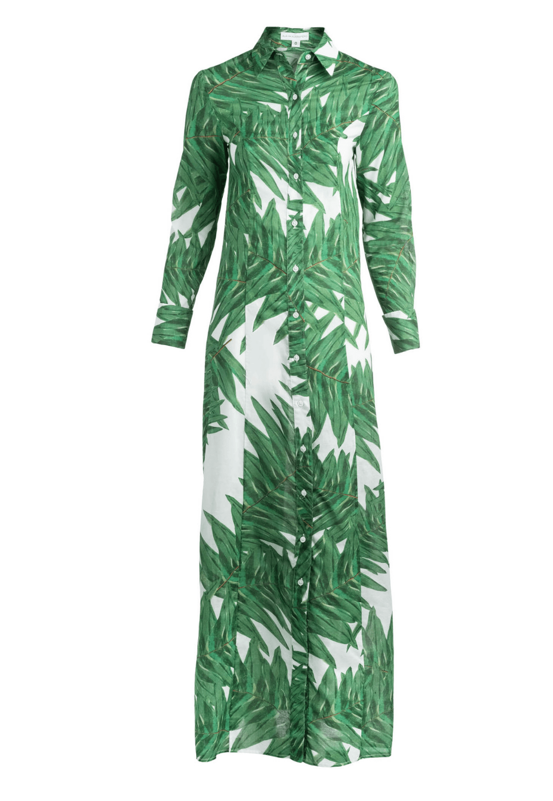Woman wearing Kathe Queen Palm cotton dress with button-down front and collar