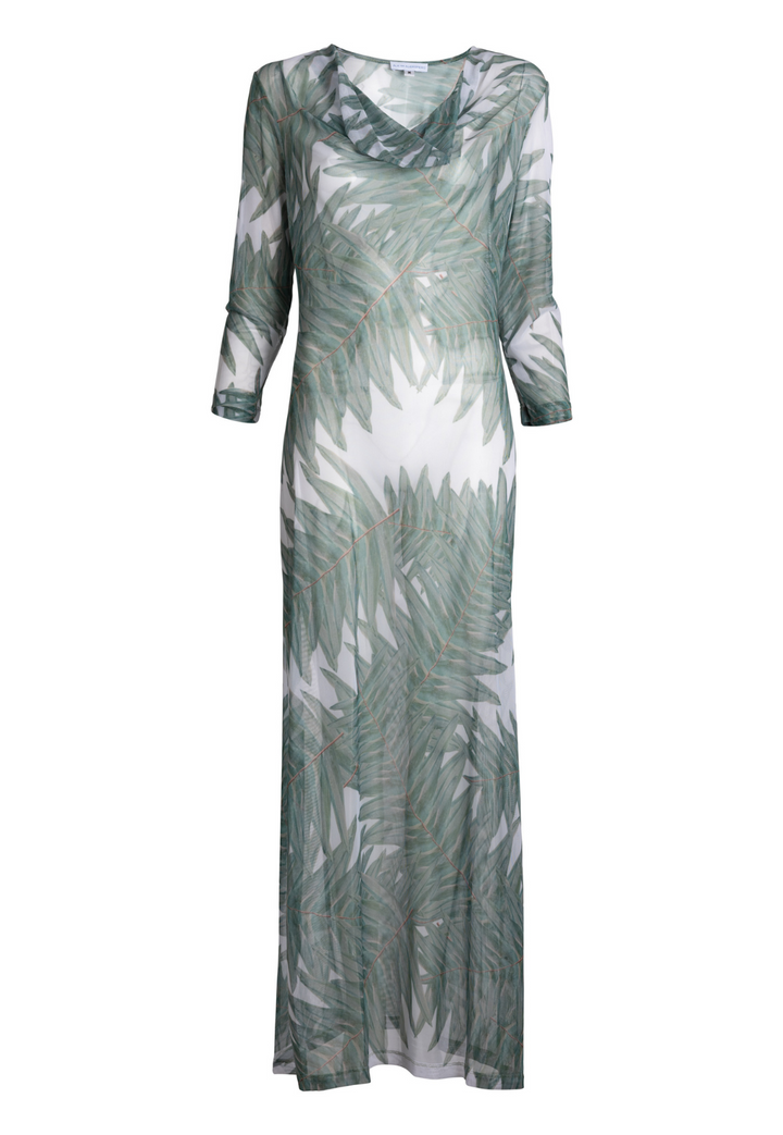 Women's green palm print sheer mesh maxi dress by Ala von Auersperg